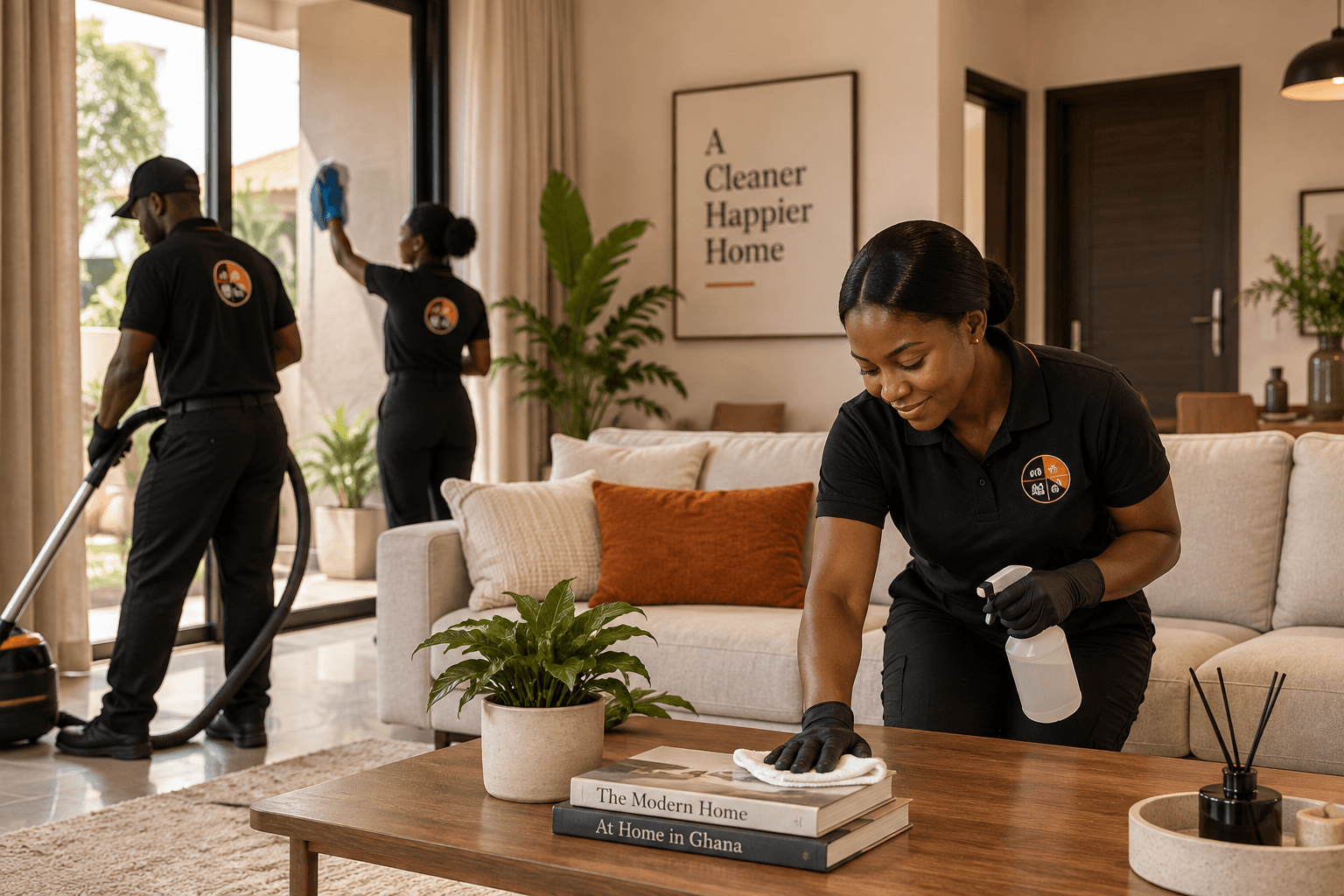 A Service Vault Ghana team cleaning a living room