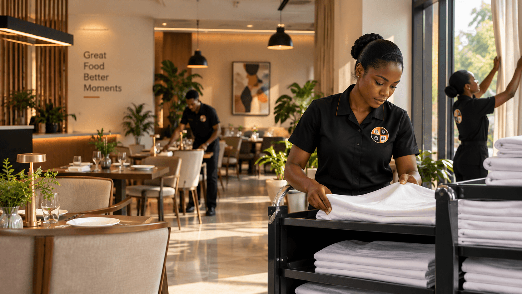 Linen being turned around in a hotel dining room